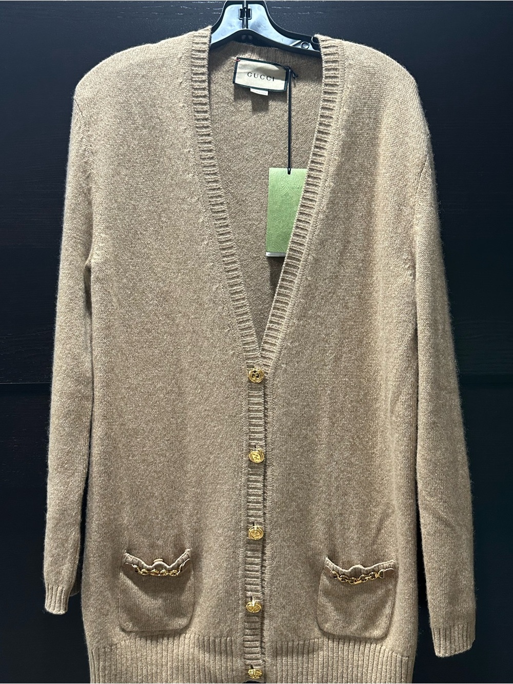 Gucci Cashmere Chain Trim Cardigan Beige Gold NWT Size S